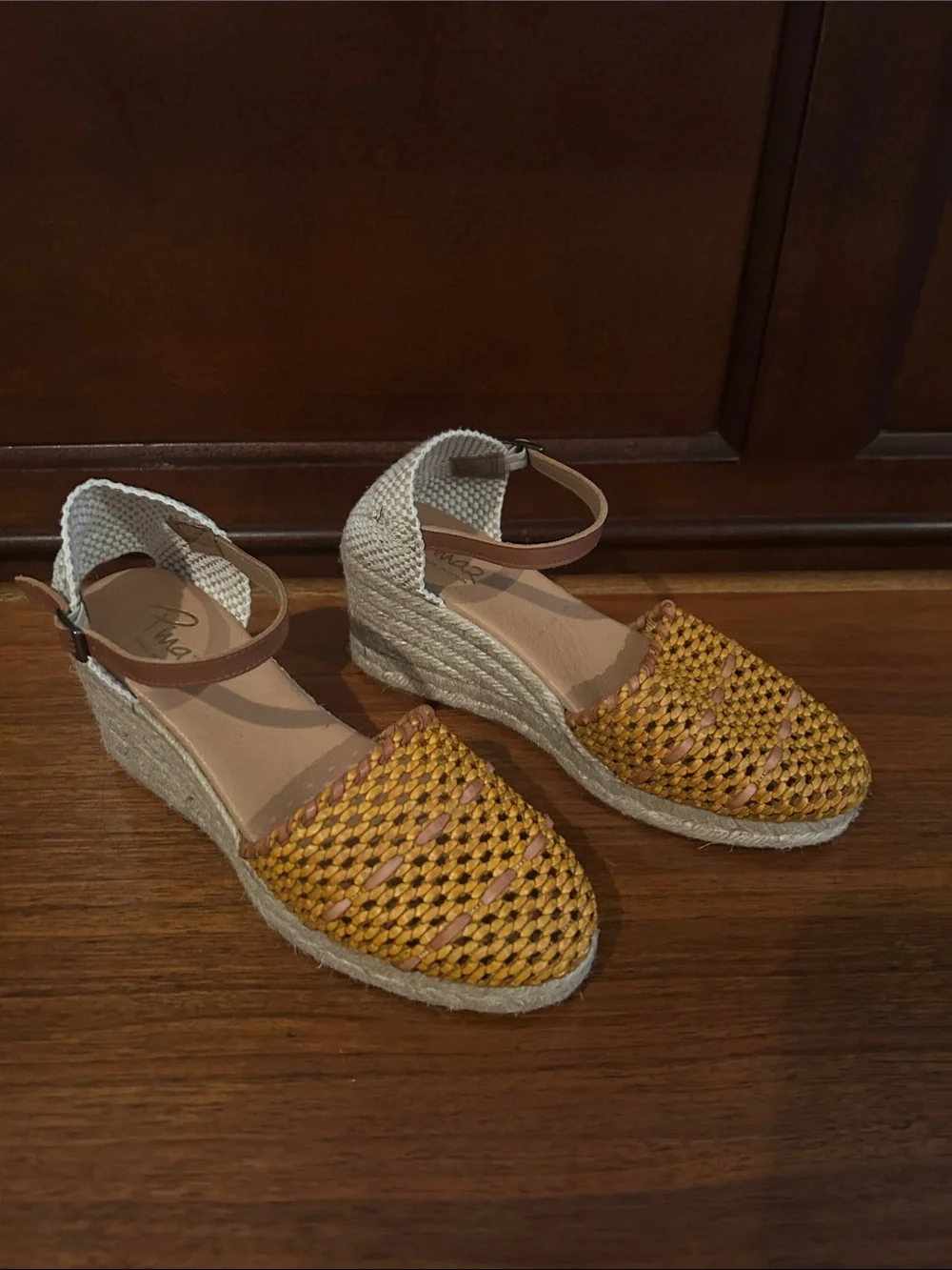 Woven Leather Espadrille Wedges in Mustard Yellow with Ankle Strap